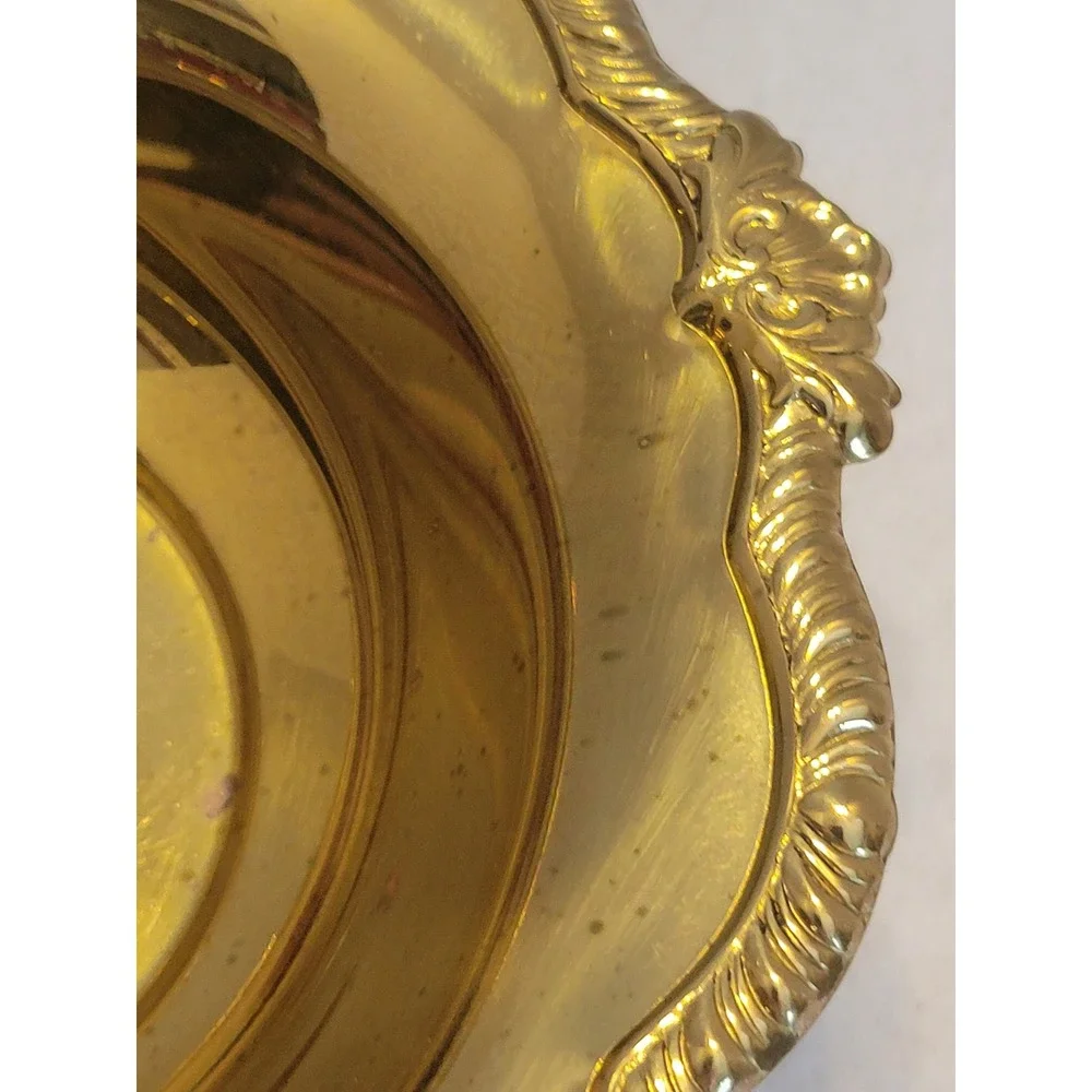 VTG Footed Serving Bowl and Ladle Set 7in Gold Tone‎ Ornate Scalloped Floral